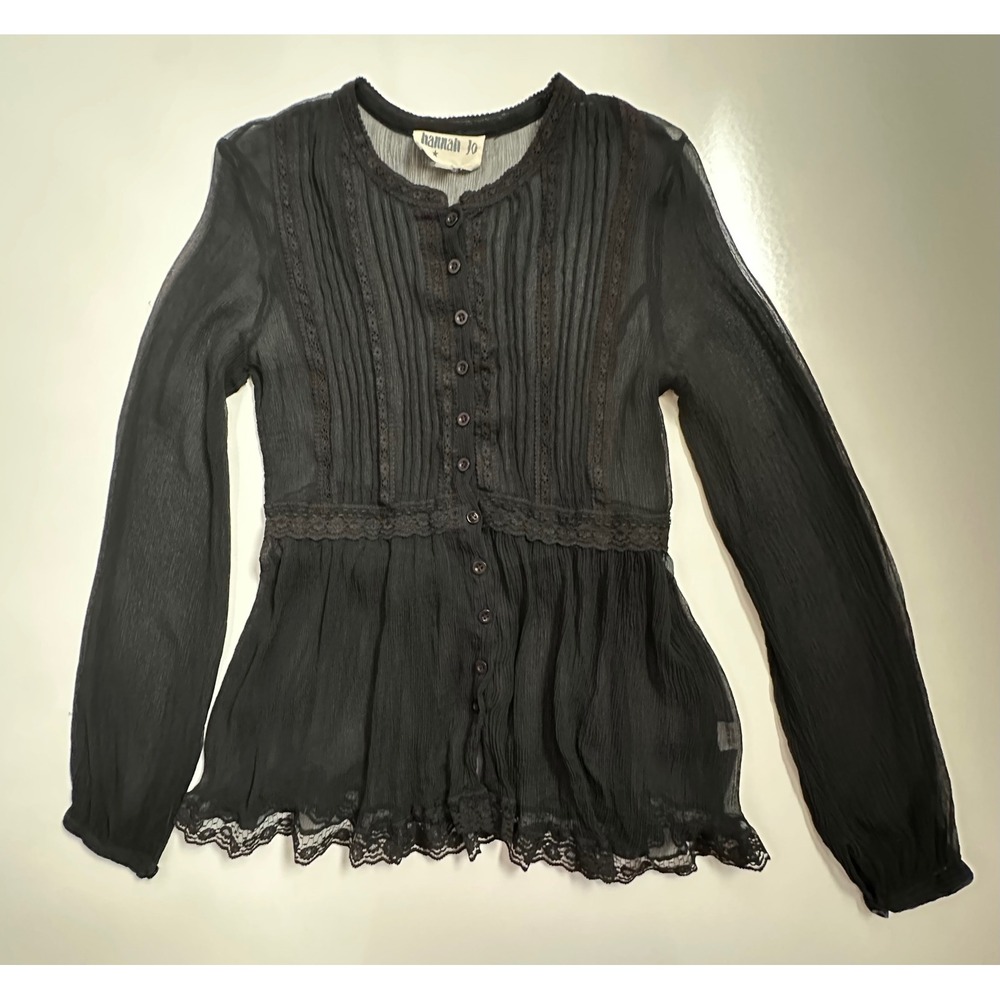Y2K Hannah Jo Black Sheer Lace Silk Blouse Romantic Whimsigoth Babydoll Top XS/S - Picture 12 of 13